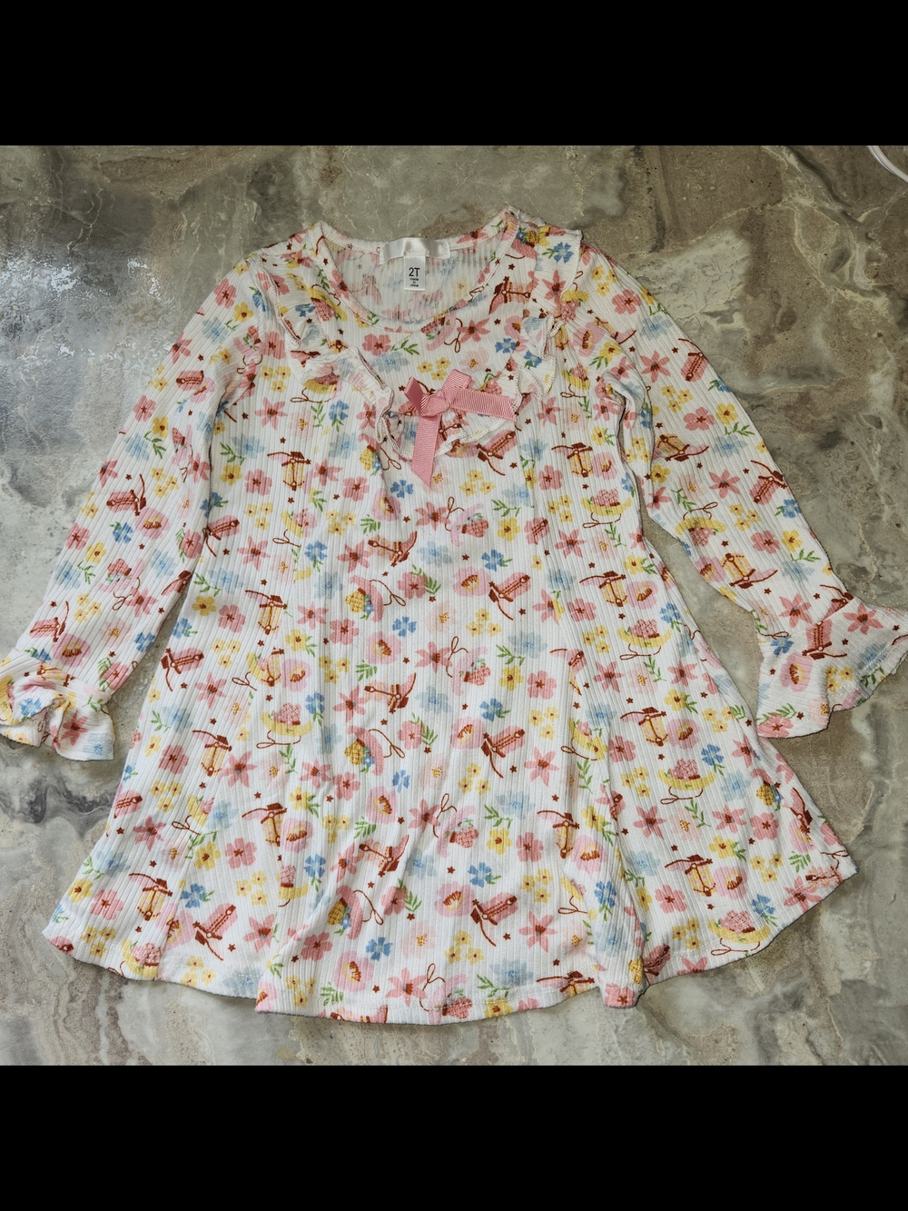 Girls Floral Long Sleeve Dress with Pink Bow And Floral, Boot And Hat Design